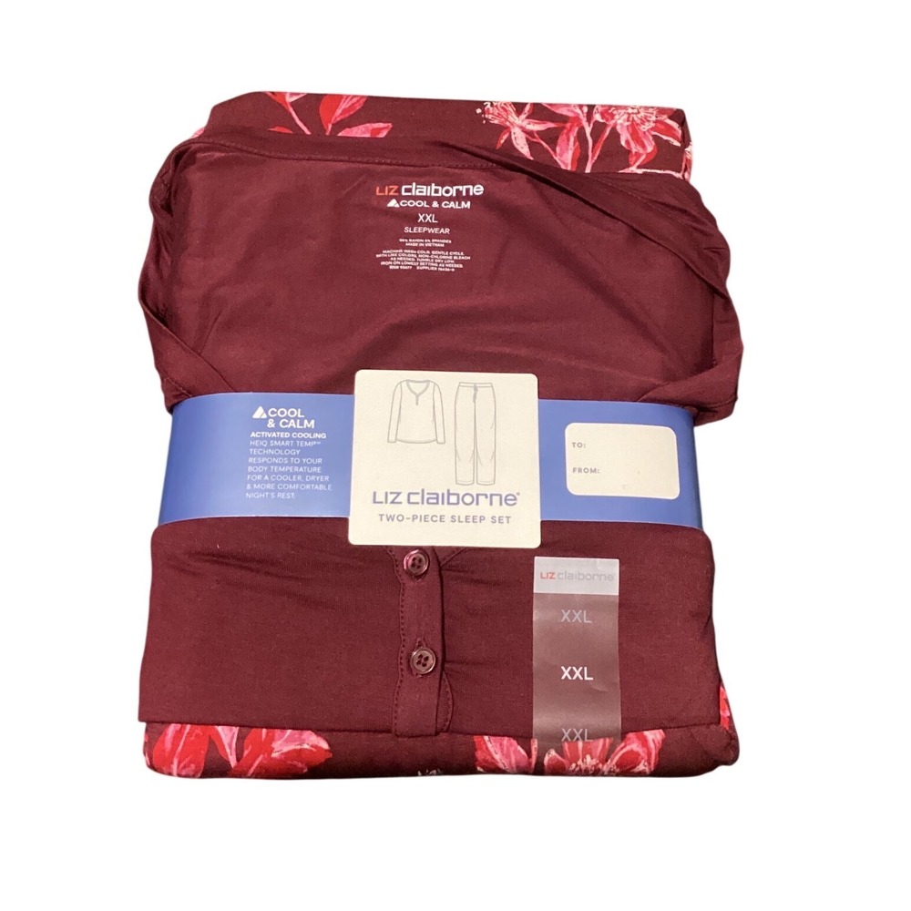 Liz Claiborne Cool & Calm Pajama Set XXL Burgundy Floral 2 Piece Sleepwear New